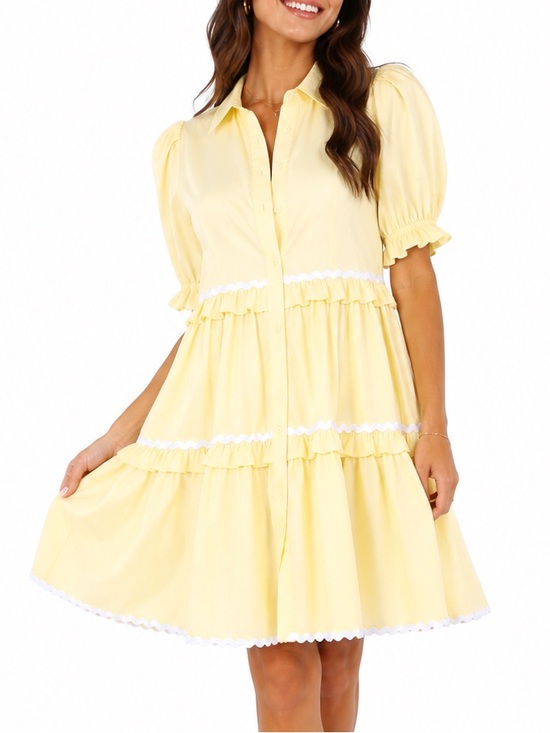 Petal & Pup Dresses & Skirts - Petal & Pup Shively Puff Sleeve Ruffle Cotton Shirtdress Butter Yellow - Size 8